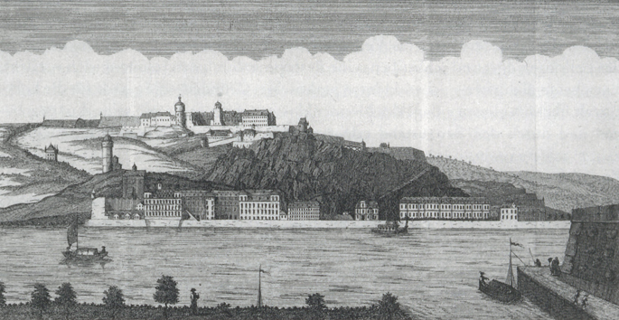 Oben die Festung Ehrenbreitstein, unten links das Schloss Philippsburg bei Koblenz
