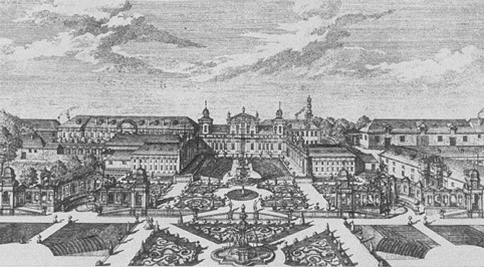 Schloss Lednice, Stich von Johann Adam Delsenbach, 1720